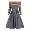 Off The Shoulder A Line Knit Dress Colorful Stripe Panel Foldover Lace Up Knitted Dress - GRAY S