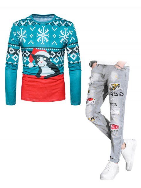 Christmas Snowflake Cat 3D Print Long Sleeve T-shirt And Ripped Patches Painting Dots Print Long Jeans Outfit