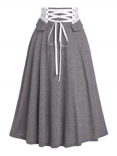Heather Skirt Lace Up Skirt Lace Panel Elastic Waist Casual A Line Midi Skirt