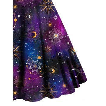 Plus Size Dress Galaxy Planet Moon Star Print High Waisted Dress Twisted Ring A Line Midi Dress