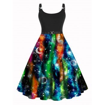 

Plus Size Dress Colored Galaxy Moon Print High Waisted Dress Twisted Ring A Line Midi Dress, Black