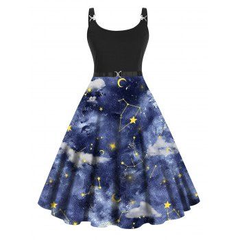 

Plus Size Dress Sky Cloud Constellation Moon Print High Waisted Dress Twisted Ring A Line Midi Dress, Black