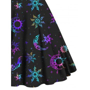 Plus Size Dress Sun Star Print High Waisted Dress Twisted Ring A Line Midi Dress