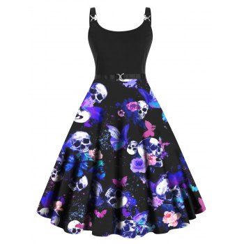 Plus Size Dress Gothic Dress Skull Flower Butterfly Print High Waisted Twisted Ring A Line Midi Dress