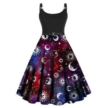 

Plus Size Dress Galaxy Moon Sun Print High Waisted Dress Twisted Ring A Line Midi Dress, Black