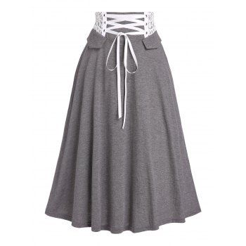 

Heather Skirt Lace Up Skirt Lace Panel Elastic Waist Casual A Line Midi Skirt, Dark gray