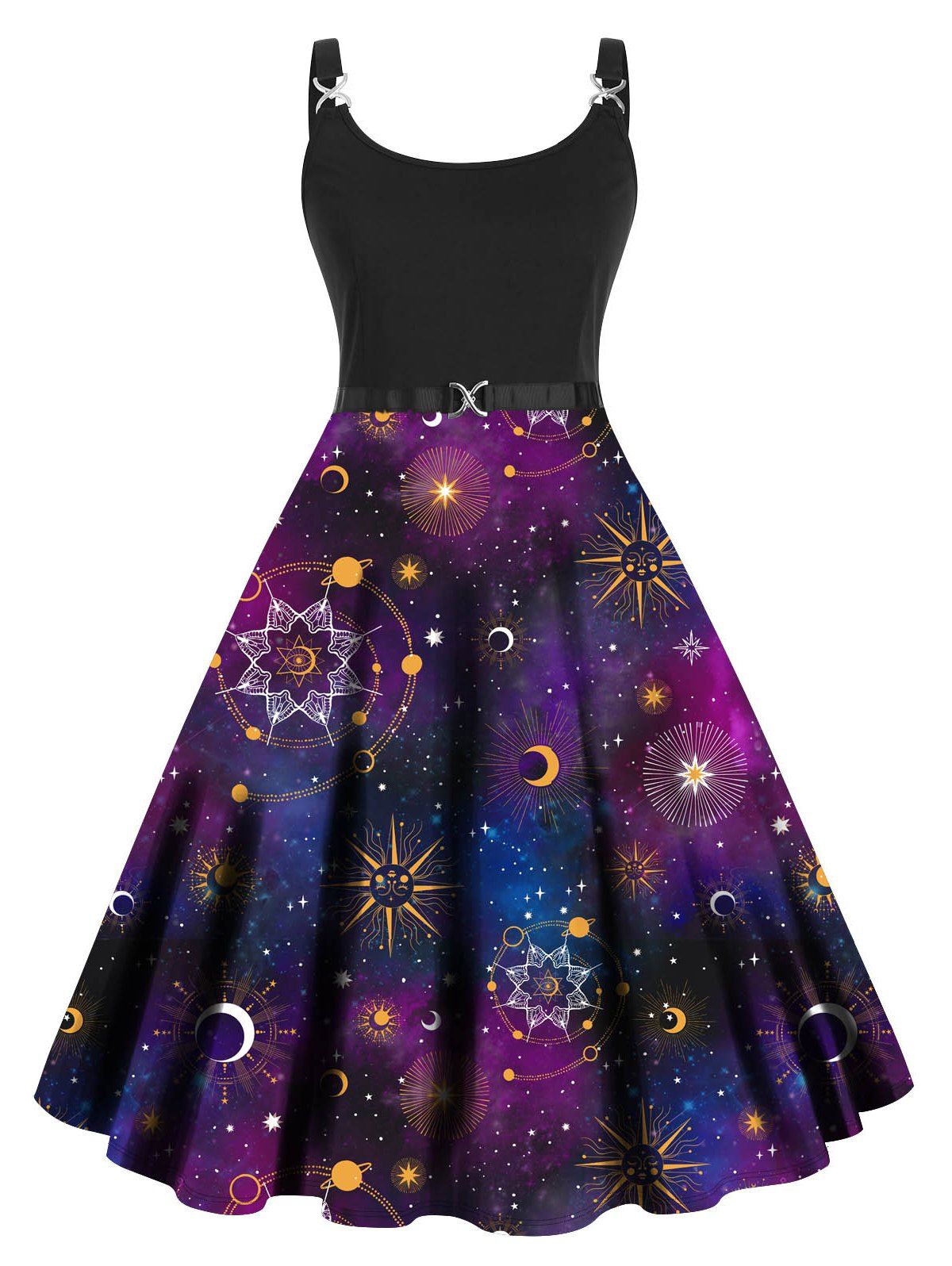 Plus Size Dress Galaxy Planet Moon Star Print High Waisted Dress Twisted Ring A Line Midi Dress - BLACK 1X