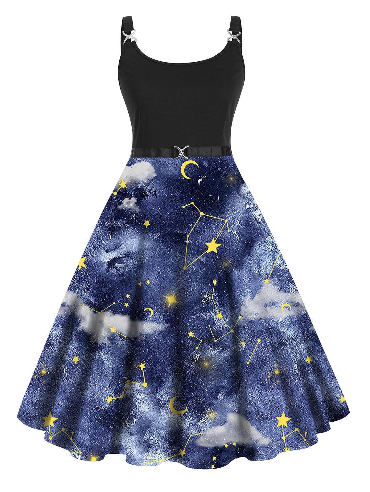 Plus Size Dress Sky Cloud Constellation Moon Print High Waisted Dress Twisted Ring A Line Midi Dress - BLACK 5X