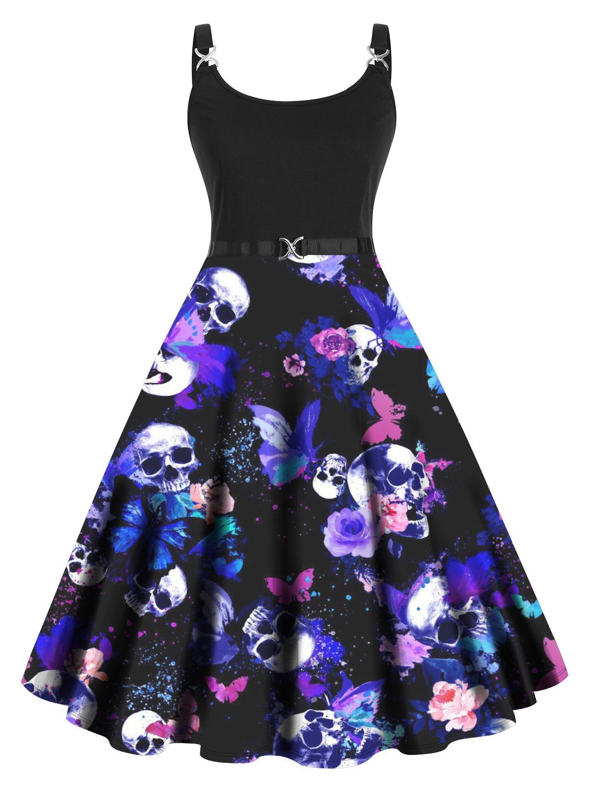 Plus Size Dress Gothic Dress Skull Flower Butterfly Print High Waisted Twisted Ring A Line Midi Dress - DEEP BLUE 3X