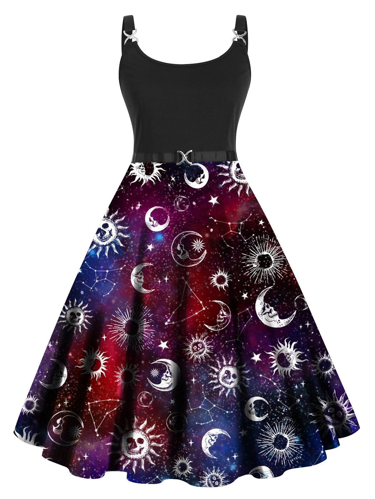 Plus Size Dress Galaxy Moon Sun Print High Waisted Dress Twisted Ring A Line Midi Dress - BLACK 5X