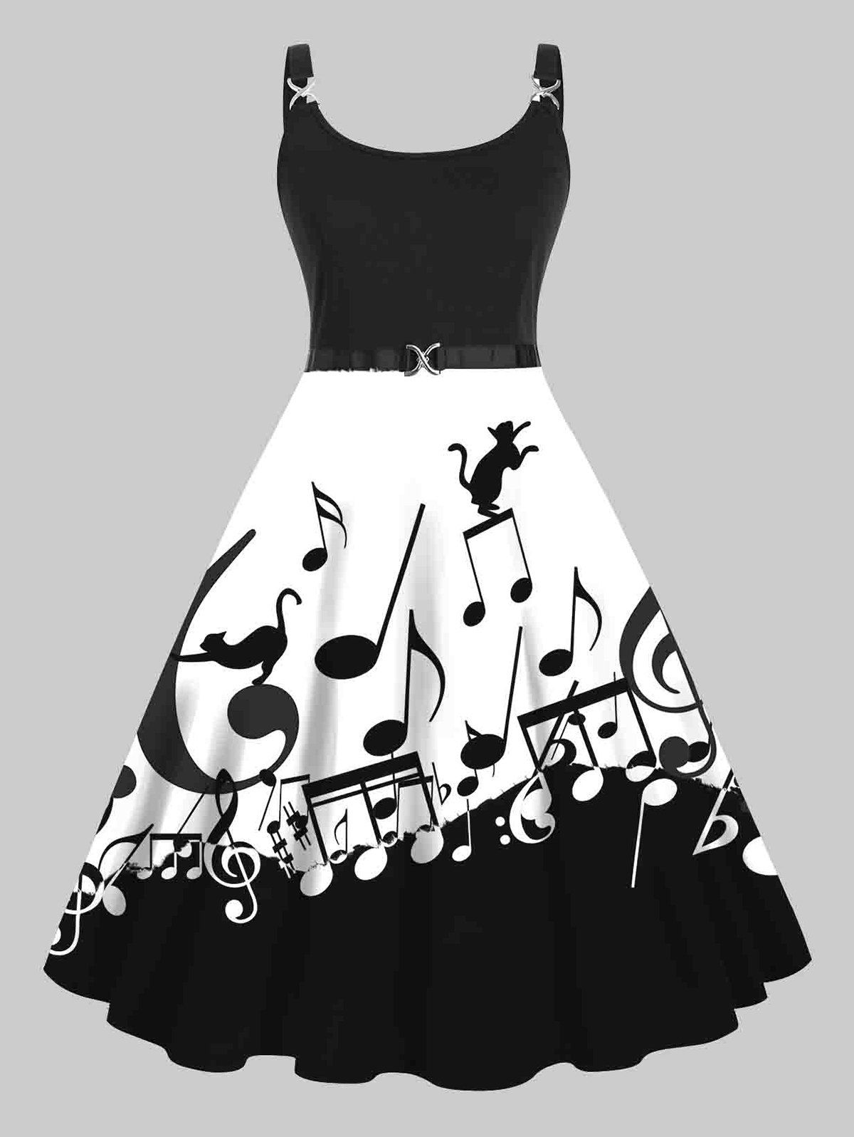 Plus Size Dress Colorblock Note Print High Waisted Dress Twisted Ring A Line Midi Dress - BLACK 5X