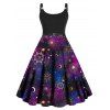 Plus Size Dress Galaxy Planet Moon Star Print High Waisted Dress Twisted Ring A Line Midi Dress - BLACK 5X