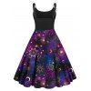 Plus Size Dress Galaxy Planet Moon Star Print High Waisted Dress Twisted Ring A Line Midi Dress - BLACK 5X