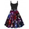 Plus Size Dress Galaxy Moon Sun Print High Waisted Dress Twisted Ring A Line Midi Dress - BLACK L