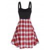 Colorblock Dress Plaid Print Panel Lace Up Front Pocket High Waisted A Line Dress - RED M