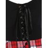 Colorblock Dress Plaid Print Panel Lace Up Front Pocket High Waisted A Line Dress - RED M