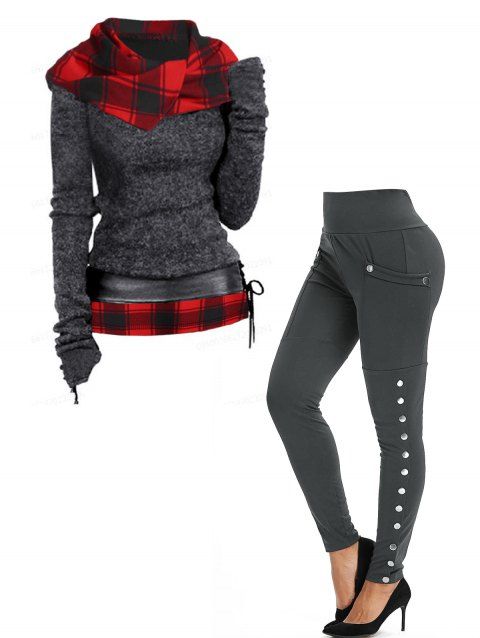 Plaid Print Surplice With Lace-up Belt Hooded Knit Top And Pocket Snap Button Side Leggings Casual Outfit