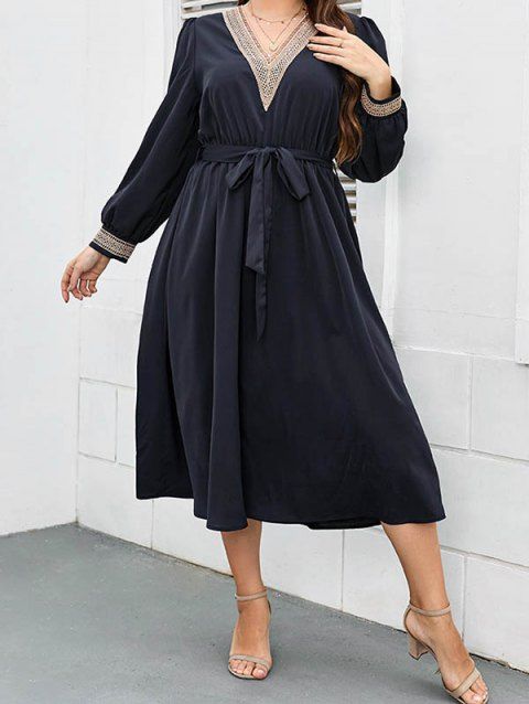 Plus Size & Curve Dress Long Sleeve V Neck Midi Dress Hollow Out Detail Belted Modest Dress