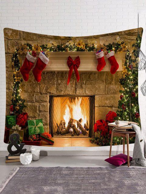 Christmas Tree Stockings Fireplace Hearth Lights Hanging Wall Tapestry