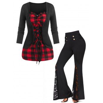 

Plaid Print Lace Up Faux Twinset T Shirt And Lace Panel High Waist Bell Bottom Pants Casual Outfit, Black