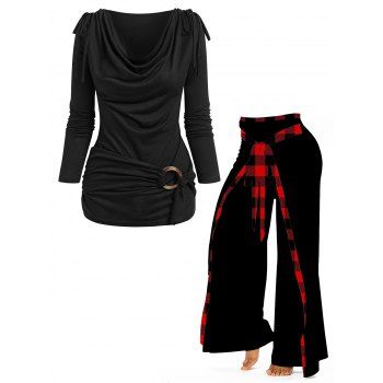 

Plain Cinched Draped O Ring T Shirt And Plaid Print Bowknot Wide Leg Pants Casual Outfit, Black