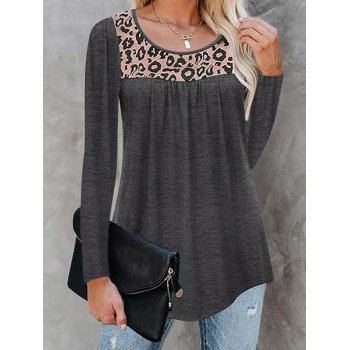 

Leopard Print T Shirt Long Sleeve Scoop Neck Casual Tee, Gray