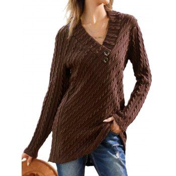 

Solid Color Textured Long Knitwear Mock Button Full Sleeve V Neck Knitwear, Coffee