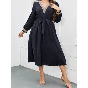 

Plus Size & Curve Dress Long Sleeve V Neck Midi Dress Hollow Out Detail Belted Modest Dress, Deep blue