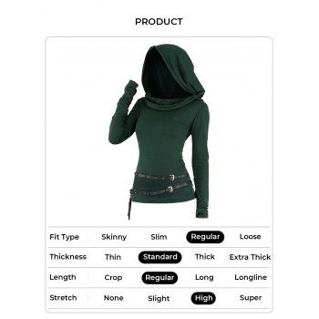 Long Sleeve Solid Color Hooded Top Ruched Curved Hem Casual Top With Double Belts