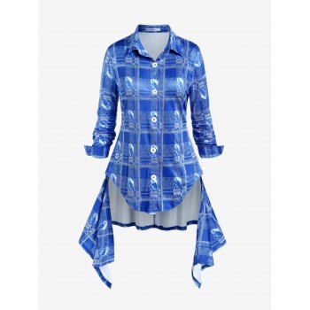 

Plus Size Plaid Long Irregular Top, Ocean blue