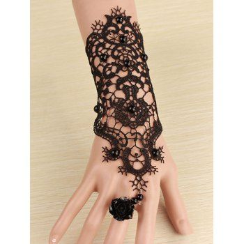 

Vintage Hollow Out Lace Gloves With Rose Ring, Black
