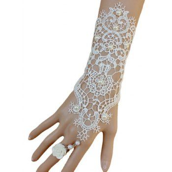 

Wedding Faux Pearl Hollow Out Lace Gloves With Rose Ring, White