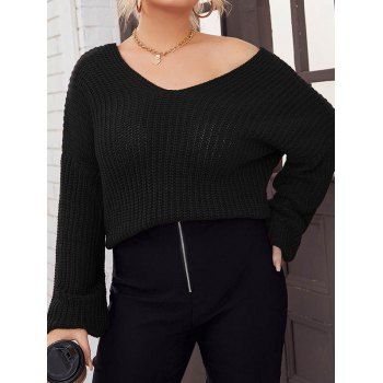 

Plus Size & Curve Sweater Drop Shoulder Solid Color Sweater V Neck Chunky Sweater, Black