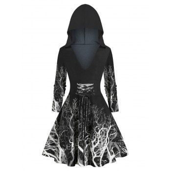 

Tree Branch Pattern Hooded Lace-up Sweater Dress, Black