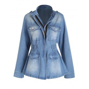 

Light Wash Denim Jacket Zipper Embellishment Stand Collar Front Pocket Long Sleeve Jean Jacket, Blue