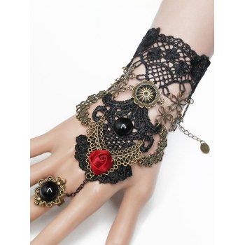

Vintage Hollow Out Flower Chain Lace Bracelet With Ring, Black