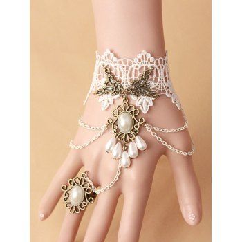 

Vintage Faux Pearl Chain Embellishment Lace Bracelet With Ring, White