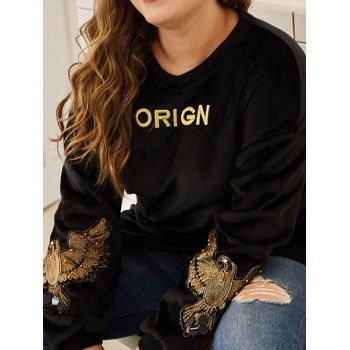 

Plus Size Sweatshirt Letter Embroidery Eagle Rhinestone Sequined Flocking Long Sleeve Sweatshirt, Black