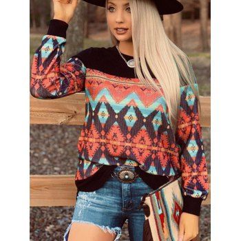 

Ethnic Style Colored Geometric Pattern Sweatshirt Curved Hem Long Sleeve Sweatshirt, Black