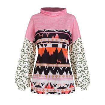 

Colored Geometric Leopard Printed T Shirt Turtleneck Long Sleeve Tee, Light pink