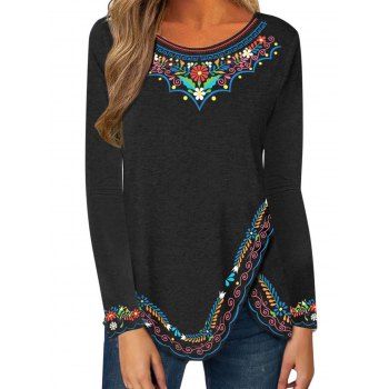 

Tribal Floral Print T-shirt Asymmetric Hem Long Sleeve Casual Tee, Black