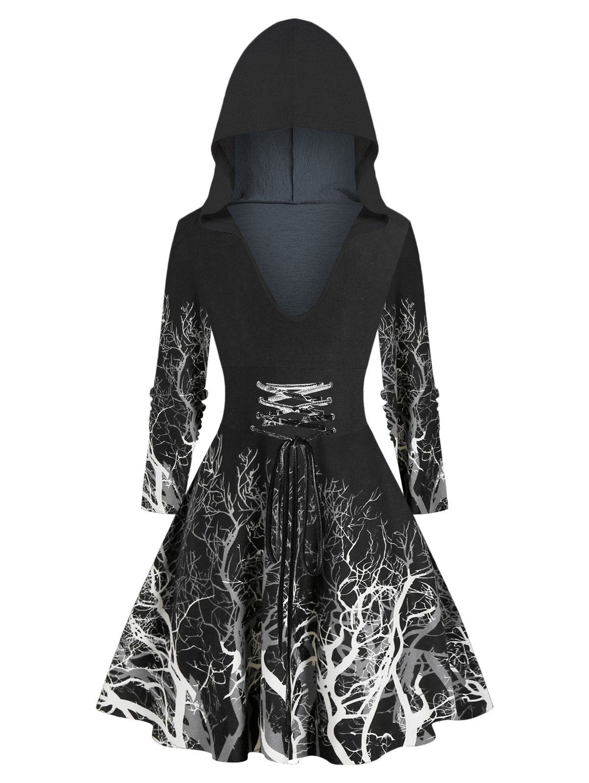 Tree Branch Pattern Hooded Lace-up Sweater Dress - BLACK S