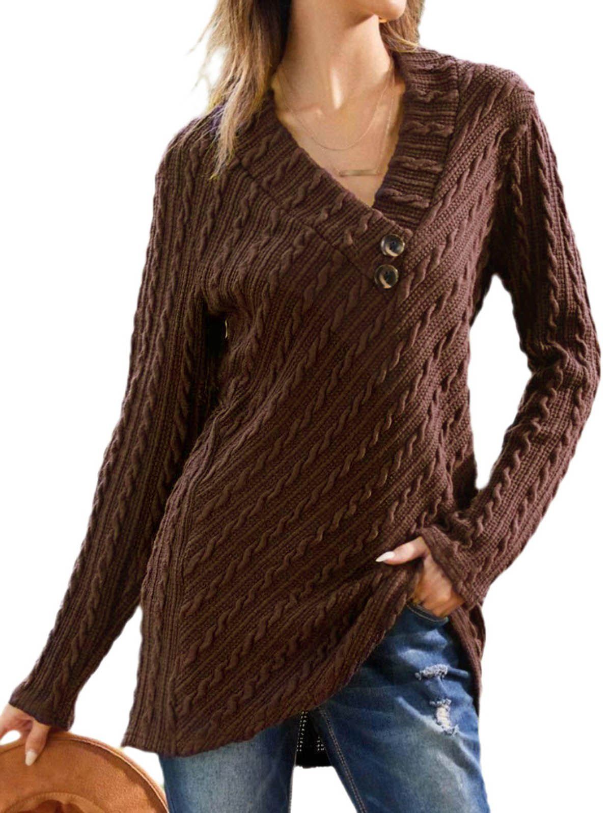Solid Color Textured Long Knitwear Mock Button Full Sleeve V Neck Knitwear - COFFEE 2XL