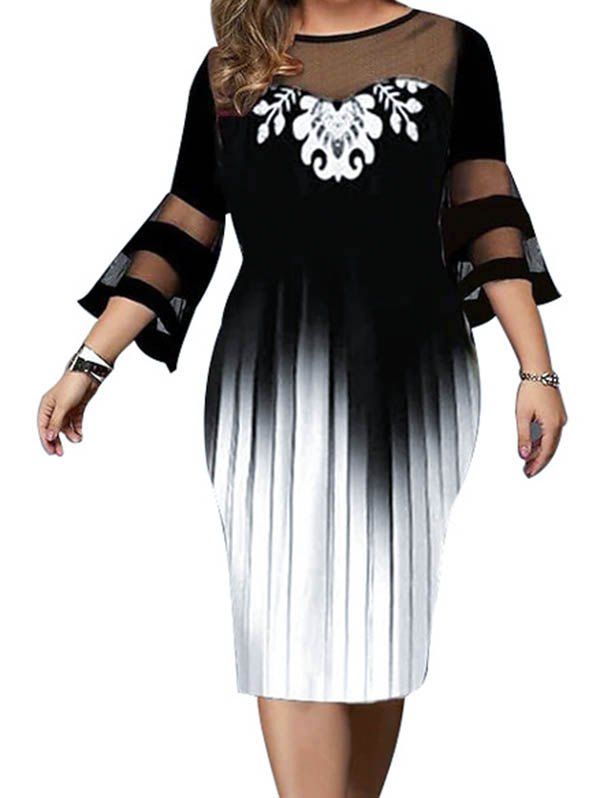 Robe de Chemise Tunique Fendue à Imprimé Fleur Panneau en Maille de Grande Taille - Noir XL