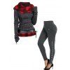 Plaid Print Surplice With Lace-up Belt Hooded Knit Top And Pocket Snap Button Side Leggings Casual Outfit - multicolor S