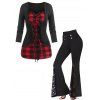 Plaid Print Lace Up Faux Twinset T Shirt And Lace Panel High Waist Bell Bottom Pants Casual Outfit - BLACK S