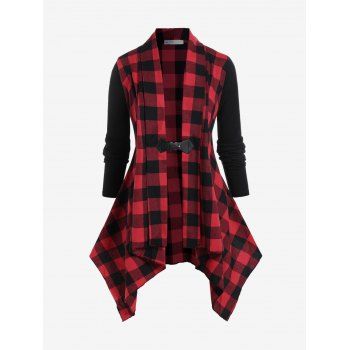 

Plaid Buckle Front Shawl Collar Plus Size Coat, Red