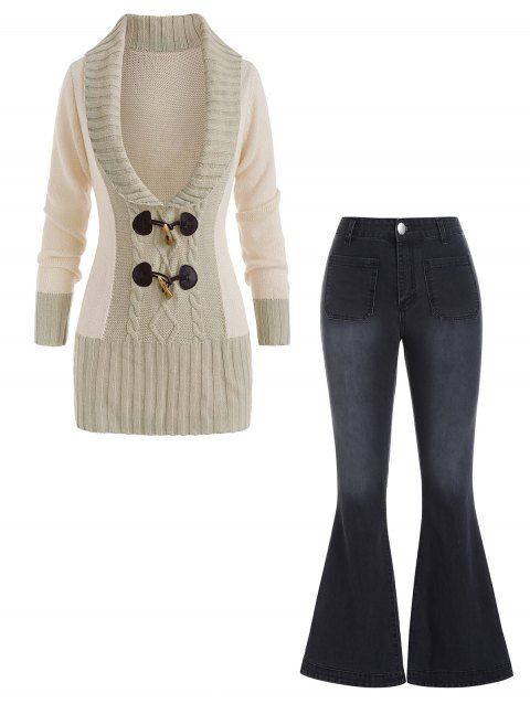 Colorblock Horn Button Plunging Sweater And Zipper Fly Patch Pockets Flare Jeans Casual Outfit