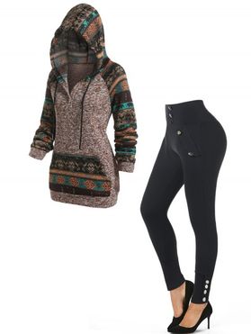 Tribal Pattern Graphic Raglan Sleeve Hooded Sweater And Mock Button Wide Elastic Waist Skinny Leggings Outfit