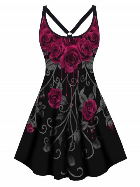 Plus Size Dress Gothic Dress Leaf Rose Print Cut Out High Waisted A Line Mini Dress